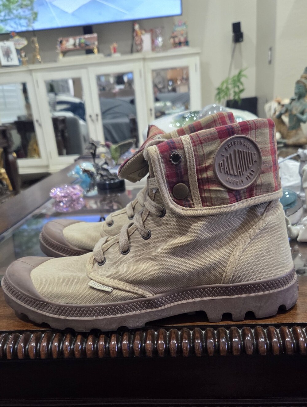 Palladium Fold-Down Canvas Boots in Beige with Plaid Cuff